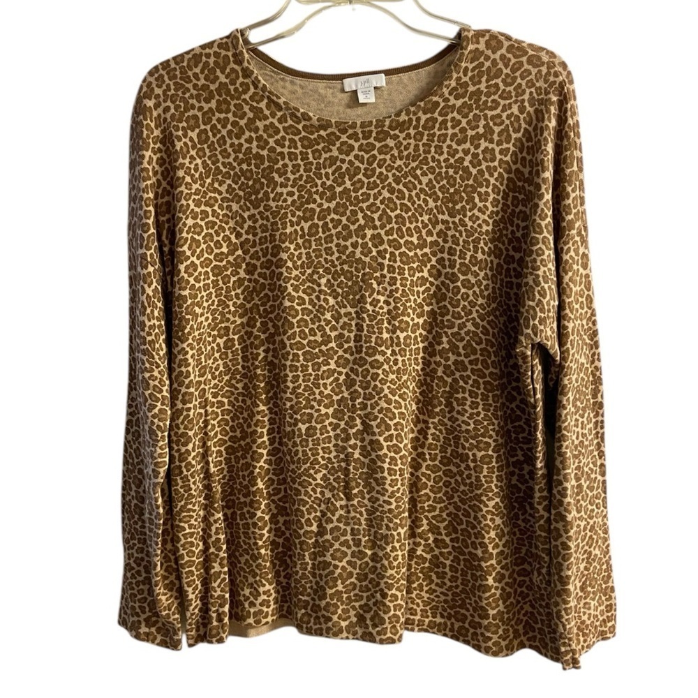 J Jill Crewneck Animal Print Knit Top Cotton Blend Medium Petite